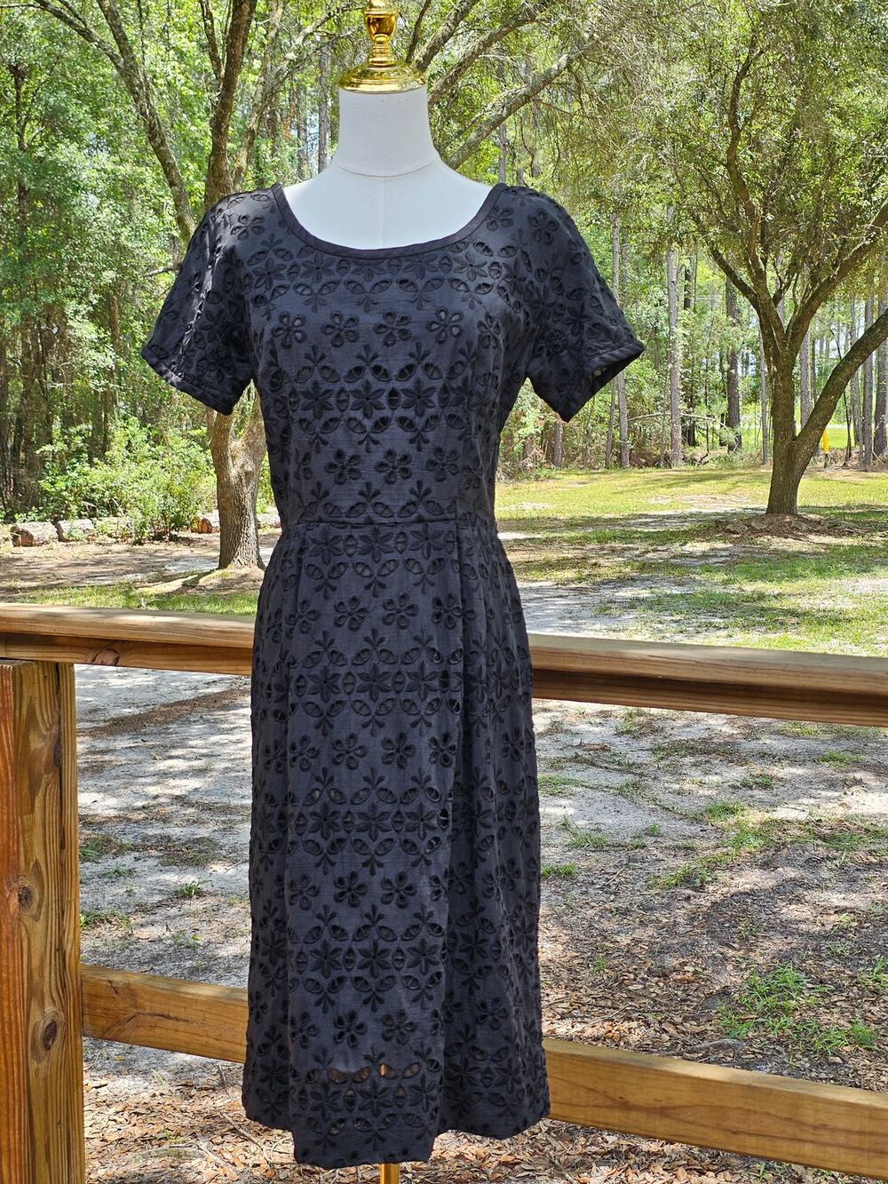 VTG 50s S Jack Stern Black Eyelet Floral Lace Wiggle Mid Century